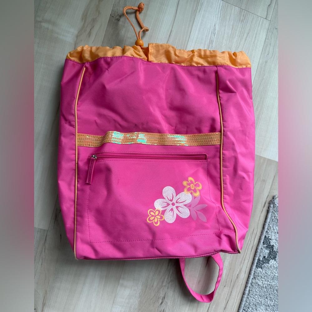 Limited Too Pink and Orange Drawstring Backpack with Floral Design